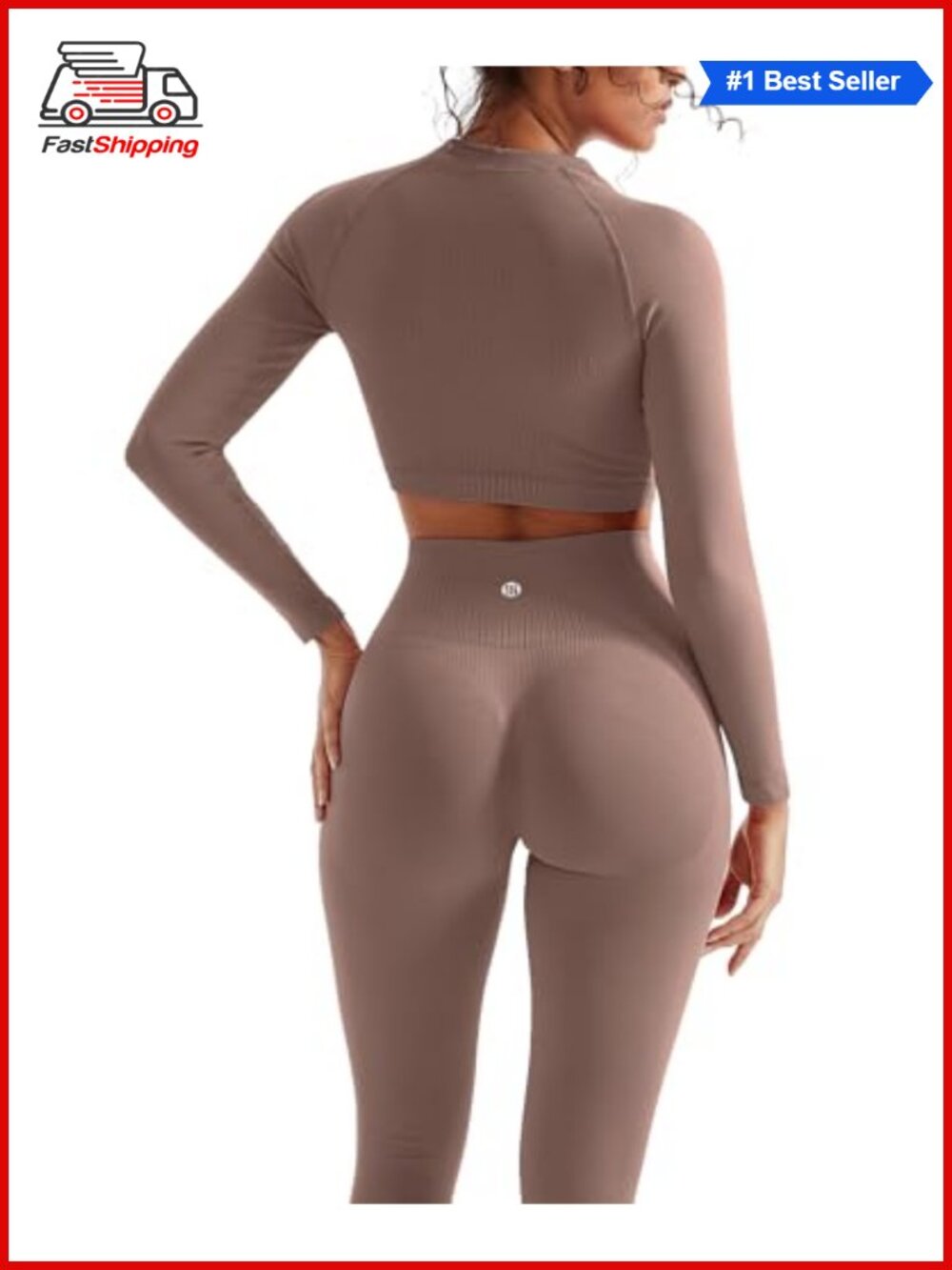 ✨ SUUKSESS Seamless Ribbed Workout Set Long Sleeve Crop Top High Waist Leggings